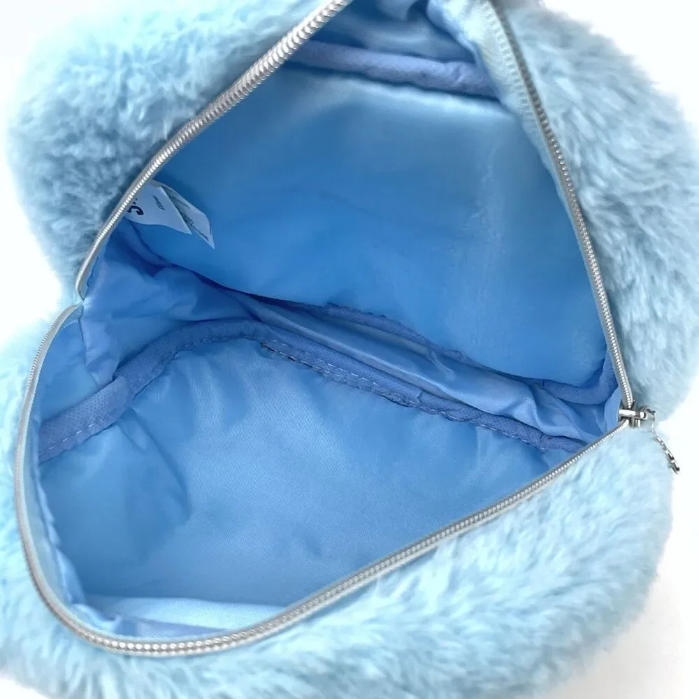 Disney Lilo & Stitch Faux Fur Mini Backpack Blue Fuzzy Sequin Bag EUC